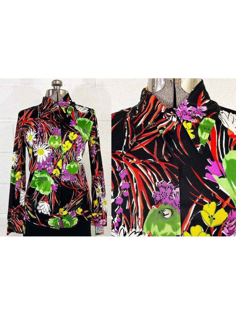 Vintage Abstract Floral Shirt Black Blouse Mod Psychedelic 1970s Medium